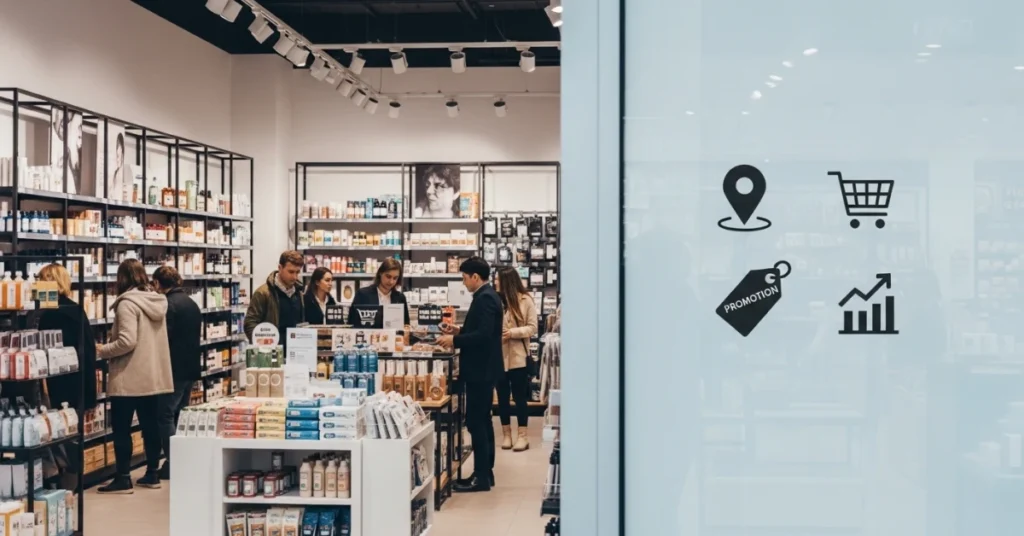 Customers shopping inside a modern retail store while marketing symbols on a glass panel illustrate a Retail Store Marketing Strategy focused on traffic, promotion, and growth.