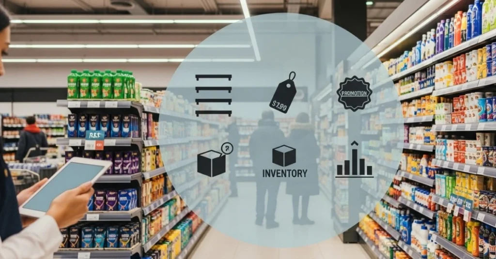 Retail store aisle with organized shelves and digital merchandising icons displayed in a soft overlay, illustrating data-driven merchandising solutions improving product placement and inventory visibility.
