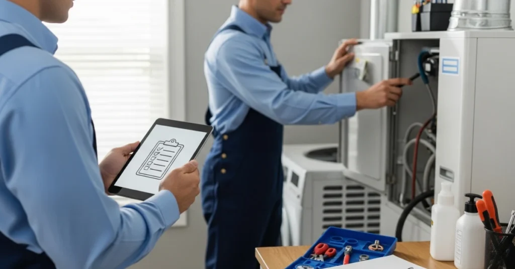 Technicians performing scheduled HVAC system inspection using a digital checklist as part of an HVAC Contract preventive maintenance service.