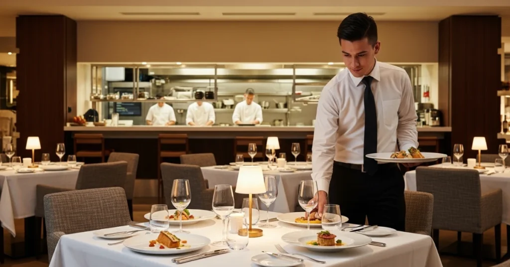 Fine dining restaurant scene with a professional waiter serving plated dishes in an elegant dining room, representing high Restaurant Quality standards in food, service, and atmosphere.