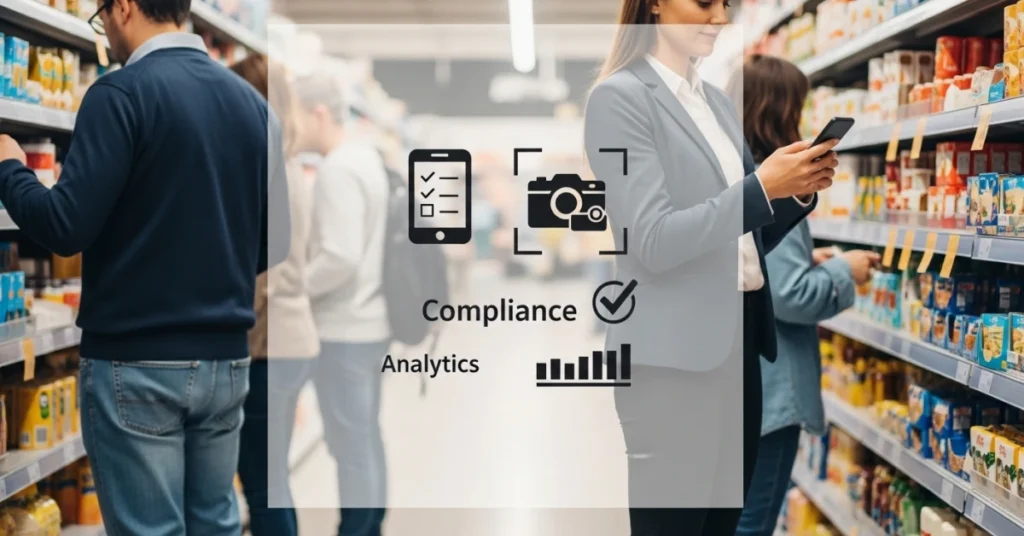 Field representative using a smartphone in a supermarket aisle with a clean central overlay showing compliance and analytics icons, illustrating a Mobile Retail Execution Solution in action.
