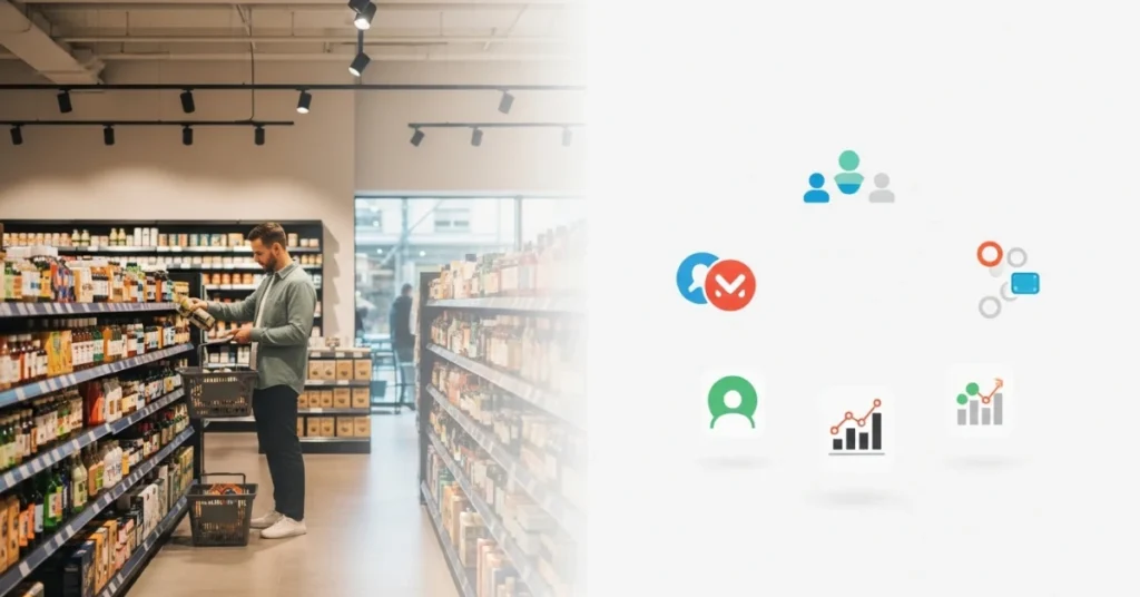 Customer Engagement Retail Stores concept showing a shopper browsing products in a modern retail store with engagement and analytics icons on a soft minimal background