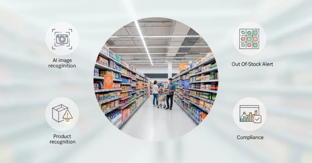 AI-powered shelf monitoring and product detection visual showing retail aisle inside a circular frame with analytics icons representing image recognition in CPG market technology.