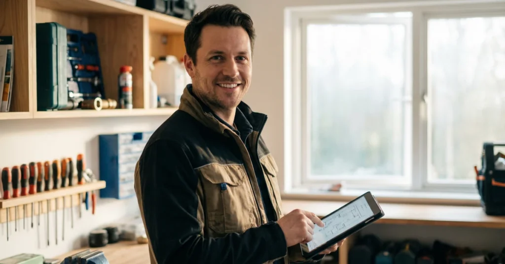 Plumber reviewing job details on a tablet inside a workshop, surrounded by tools and equipment
