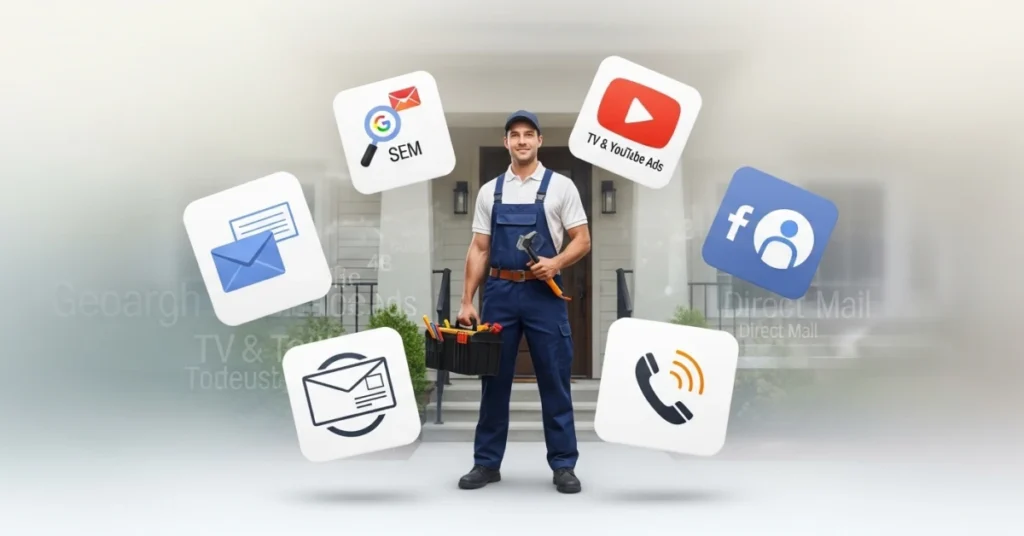 Realistic plumber standing in front of a house surrounded by multi-channel marketing icons illustrating a plumbing advert strategy across search, video, social, direct mail, and phone channels.