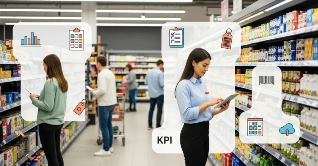 Retail store aisle where field teams use in-store execution software on tablets to track KPIs, audits, pricing, barcode and planogram compliance with real-time store execution visibility.