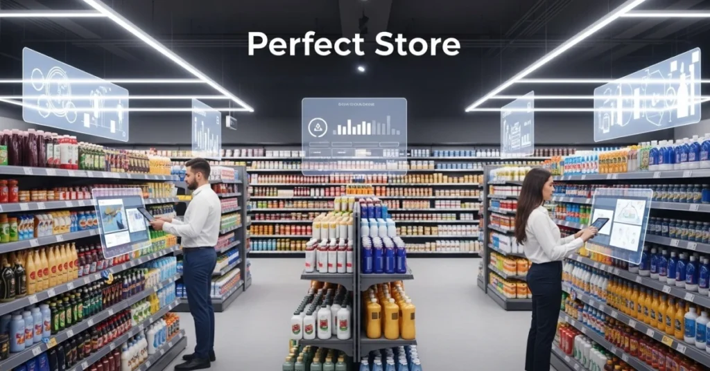 Tam dolu raflara sahip modern bir perakende mağaza iç mekânı; raf analizlerini gösteren dijital katmanlar ve Mükemmel Mağaza (Perfect Store) uygulaması ile raf bulunabilirliğini tabletler üzerinden takip eden mağaza ekipleri.