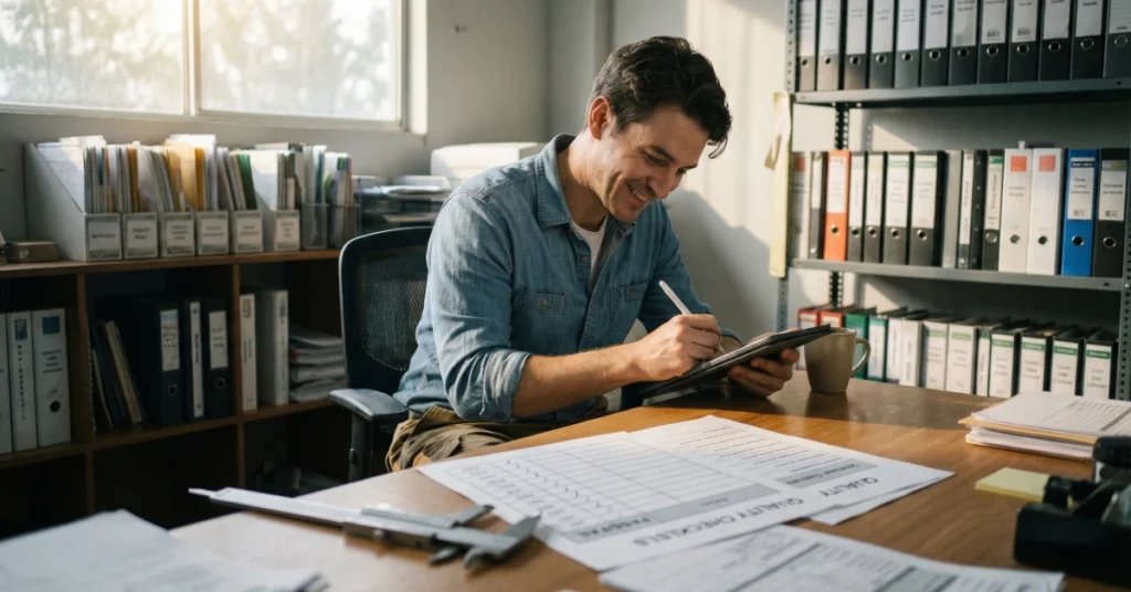 Quality control inspector writing a QC inspection report on a tablet at a desk in an organized office environment