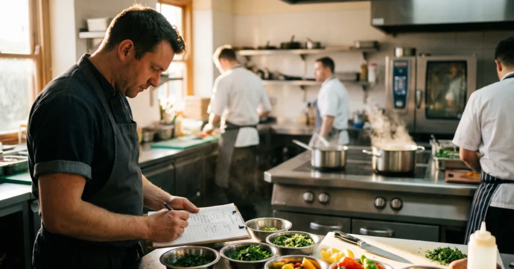 Chef completing a kitchen checklist to ensure restaurant standards are maintained in a professional commercial kitchen environment.