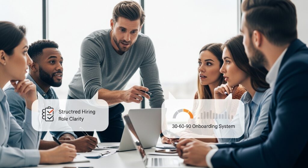 Sales team management in action during a real team meeting, with a manager guiding reps using structured processes and onboarding systems