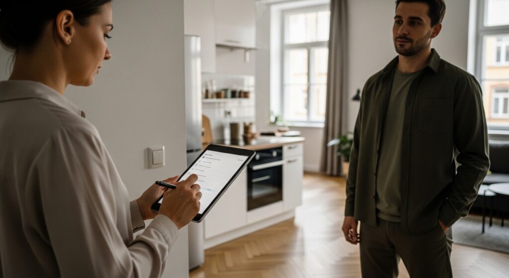 Casually dressed person performing an exterior inspection and drive-by inspection of a residential property using a tablet