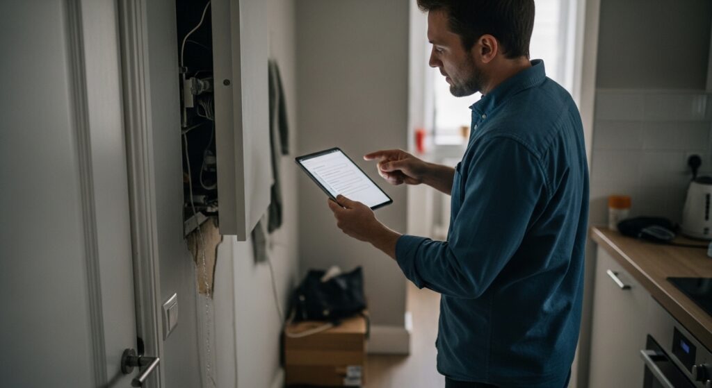 Casually dressed person performing an emergency inspection in a residential property while assessing a water leak using a tablet