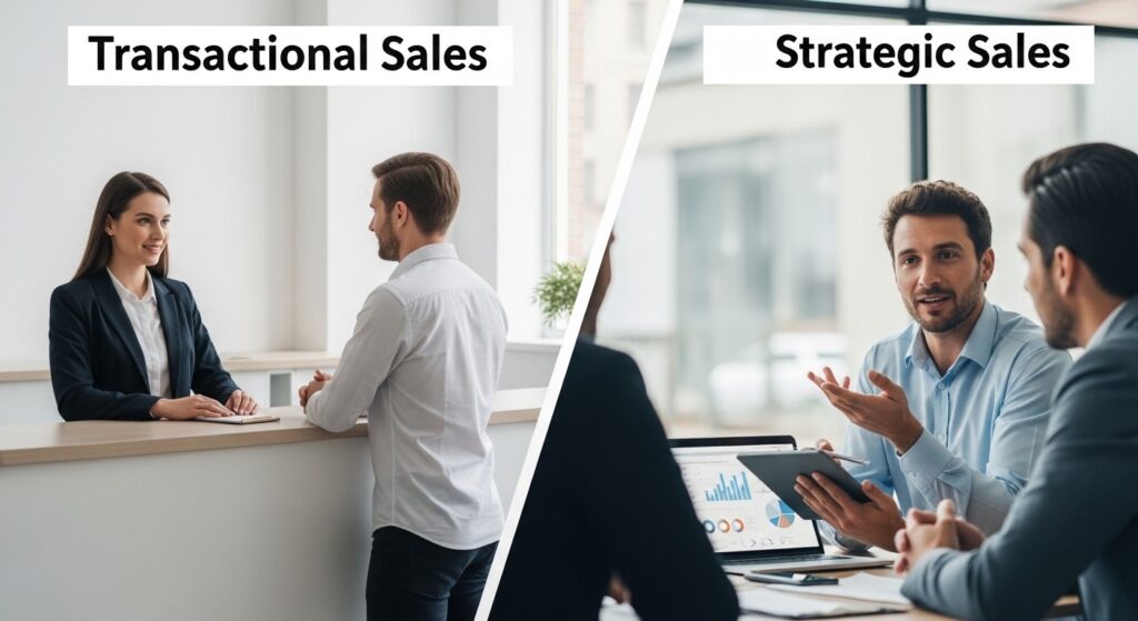 Split-scene business photo comparing transactional sales on the left with strategic sales on the right, showing a fast retail interaction versus a detailed client meeting, emphasizing long-term partnership and strategic sales approach.