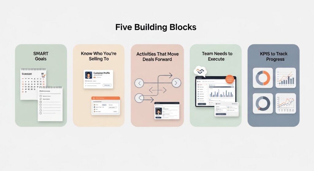 Realistic, minimal illustration of the Five Building Blocks of a sales plan showing SMART Goals, customer profiles, pipeline activities, team needs, and KPIs. Designed to clearly visualize an action plan for sales in a simple, clean layout.