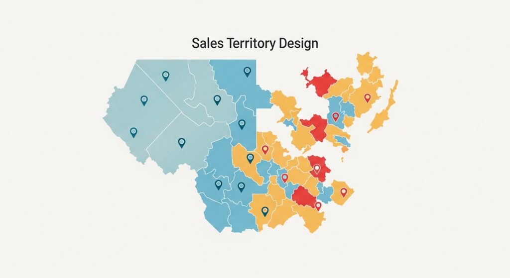 Single large map illustrating sales territory design with balanced territories on one side and fragmented territories on the other, showing clear regional boundaries and account distribution