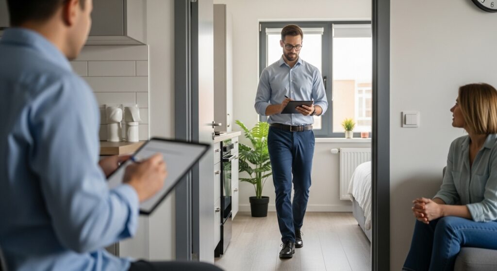 Realistic interior photo of a routine rental property inspection, showing a property manager taking notes on a tablet while the tenant observes casually. Focus on walls, flooring, appliances, plumbing fixtures, and cleanliness in a calm, professional environment.