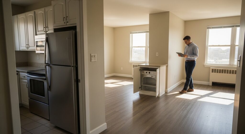 Cinematic interior view of an empty apartment during a move-out inspection. A landlord or property manager inspects walls, floors, and appliances, holding a tablet naturally, highlighting minor wear and scuffs in a modern, minimal space.