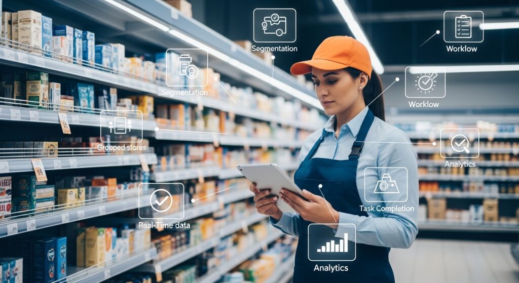 Retail execution in a modern supermarket with a field representative using a tablet to monitor shelf compliance and planogram alignment