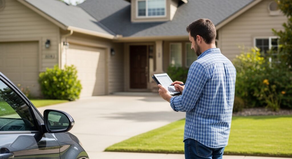 Casually dressed person performing an exterior inspection and drive-by inspection of a residential property using a tablet
