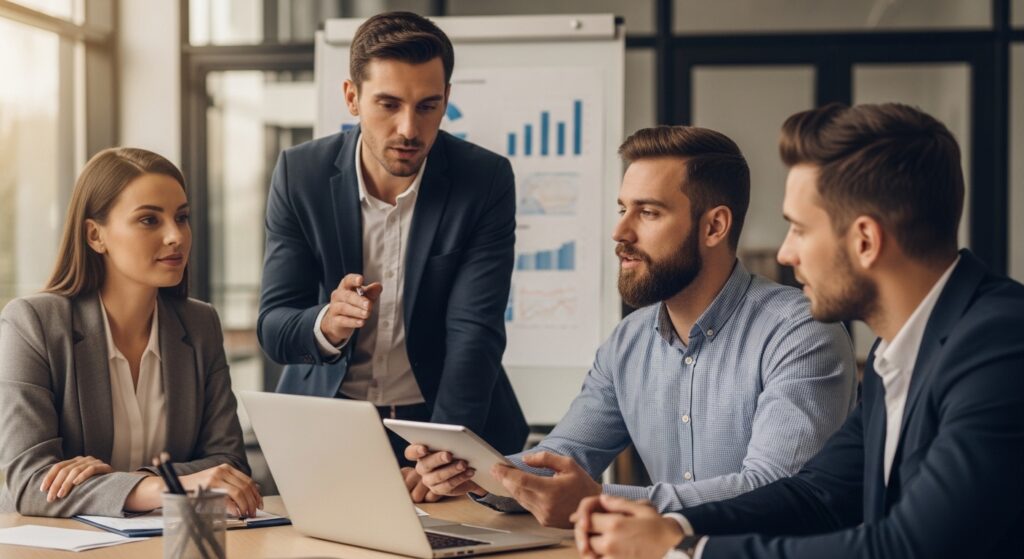 Stratejik satış toplantısında ekip üyelerinin veri ve performans analizi yaptığı iş ortamı