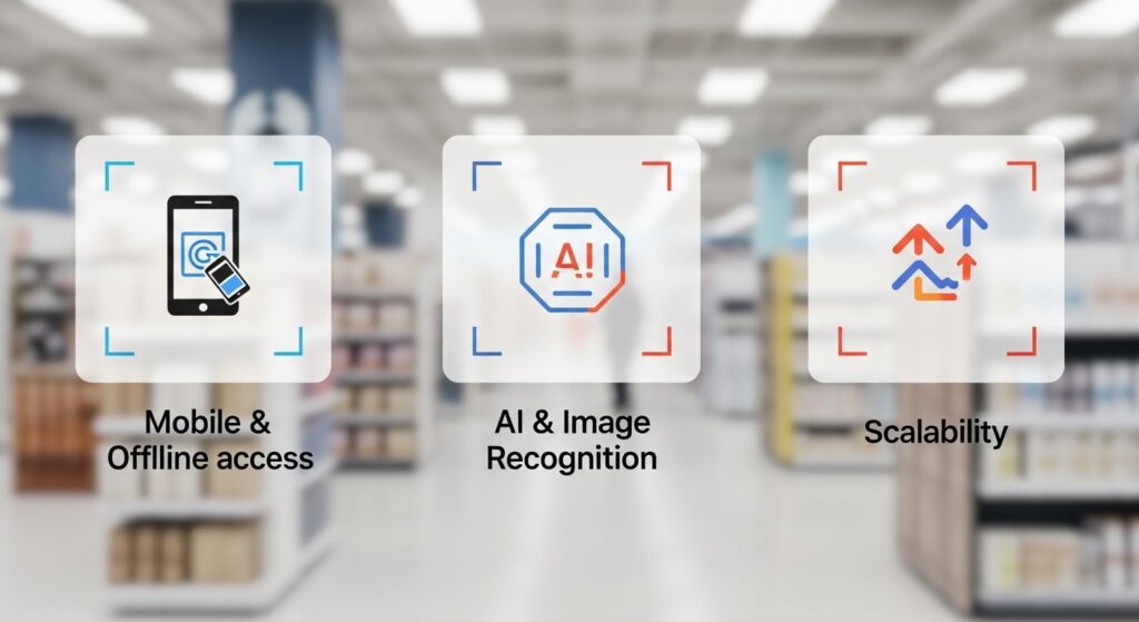 Three bold, framed symbols illustrating mobile & offline access, AI & image recognition, and scalability in merchandising software, set against a blurred retail store background, emphasizing clarity and professional design.