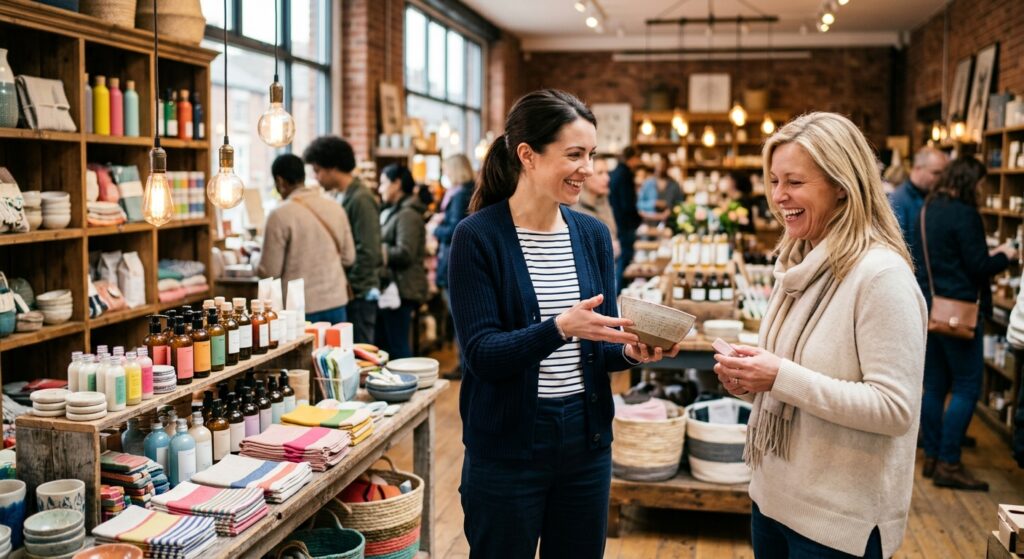 Retail store marketing strategy example showing in-store customer interaction and product experience in a retail environment