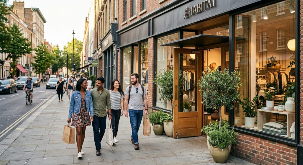 Retail store marketing strategy example showing shoppers walking past a local retail store and engaging with storefront display
