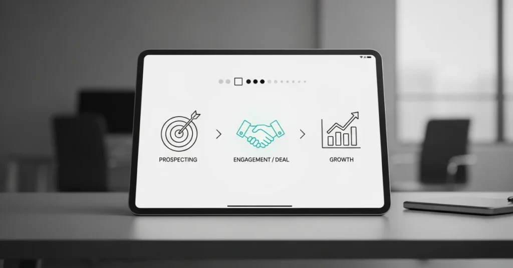 Sales process progression from prospecting to deal and growth shown on a tablet screen in a modern workspace