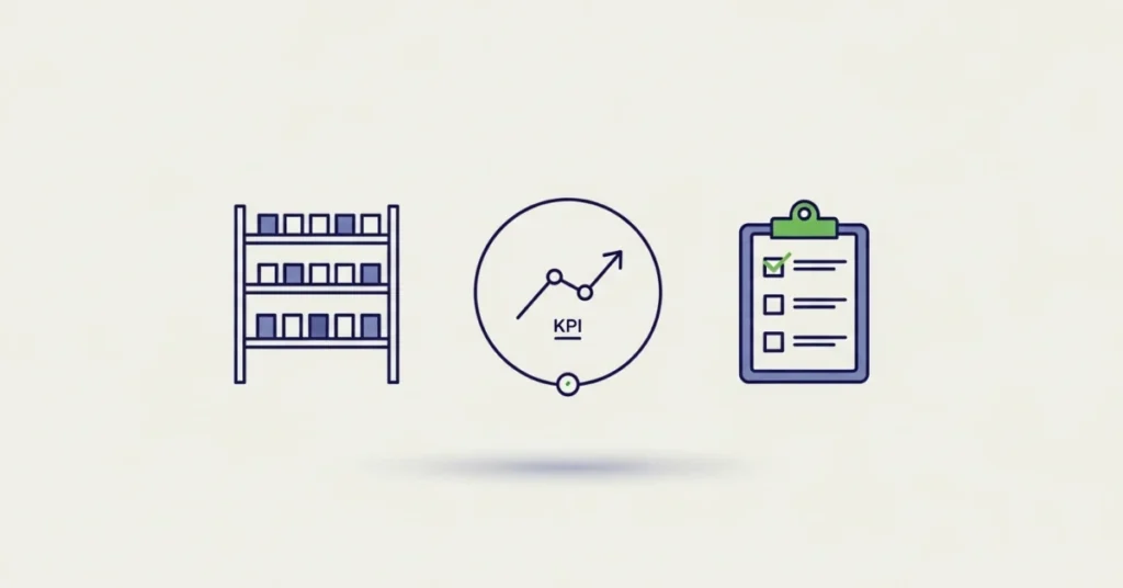 Minimal illustration representing retail execution strategy with shelf compliance icon, KPI performance chart, and audit checklist.
