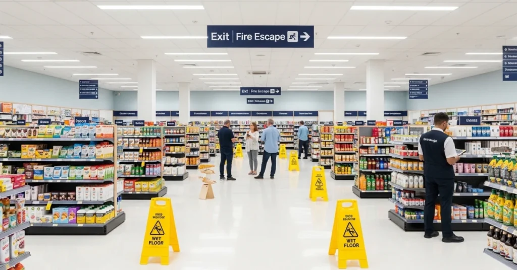 Retail store safety scene with wet floor warning signs and staff managing hazards in a supermarket aisle