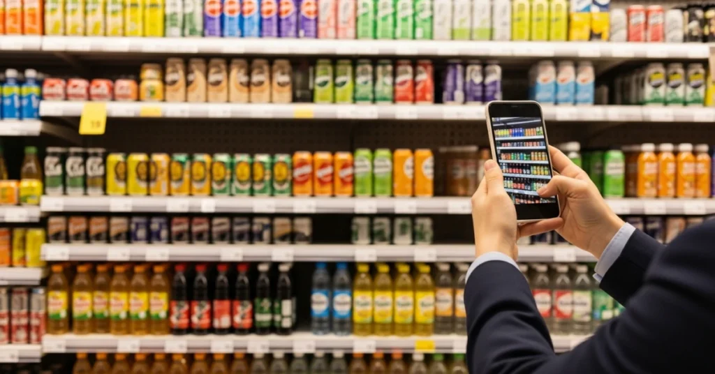 Retail shelf analysis using mobile phone to measure share of shelf in a supermarket aisle