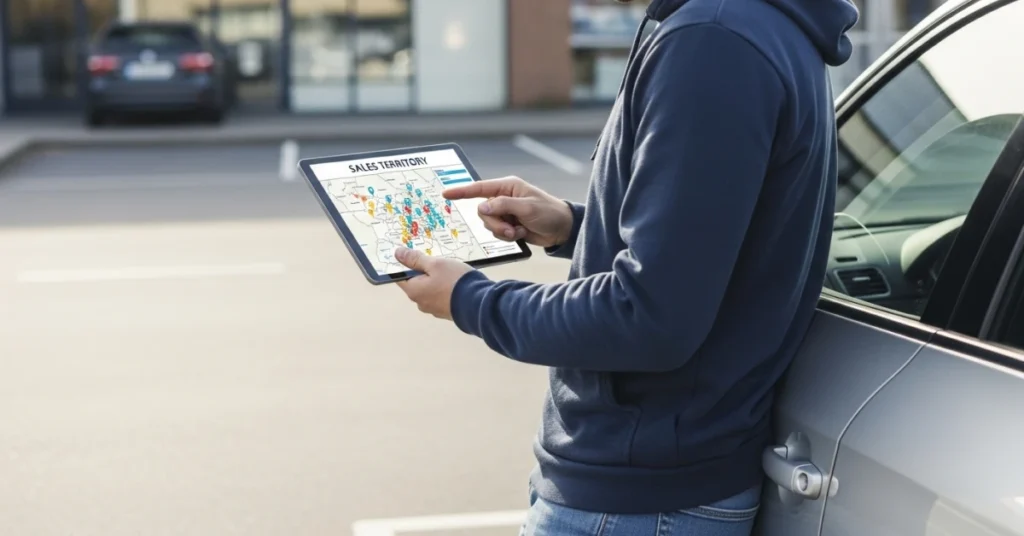Field sales representative standing by their car analyzing sales territories on a tablet