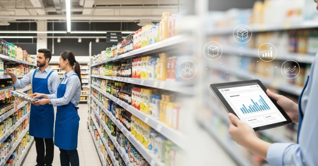 Retail staff analyzing shelf products while reviewing tablet analytics representing KPIs for retail industry and store performance metrics.