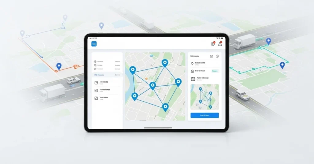 Rota planlama sürecini gösteren dijital harita ve optimize edilmiş güzergahların yer aldığı tablet ekranı