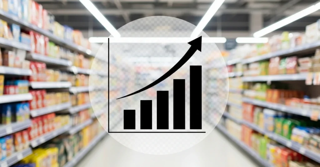 Black growth chart with an upward arrow over a blurred supermarket aisle, representing strategies for increasing retail sales in physical stores.