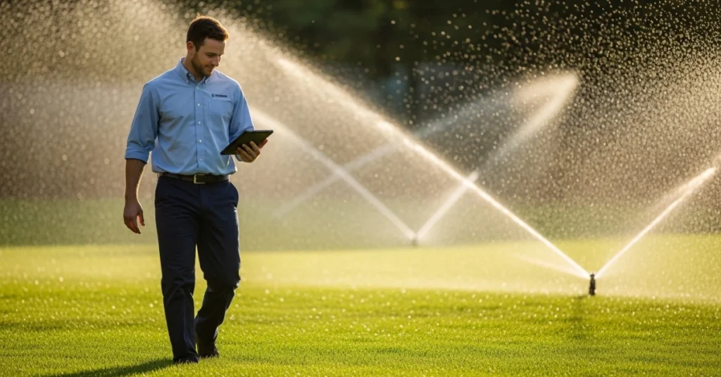 Technician using irrigation service software on a tablet while inspecting an automated lawn irrigation system.