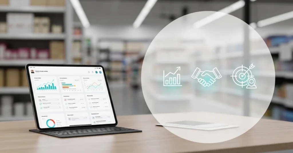 Strategic sales concept with tablet dashboard, growth analytics, and partnership icons in a retail environment