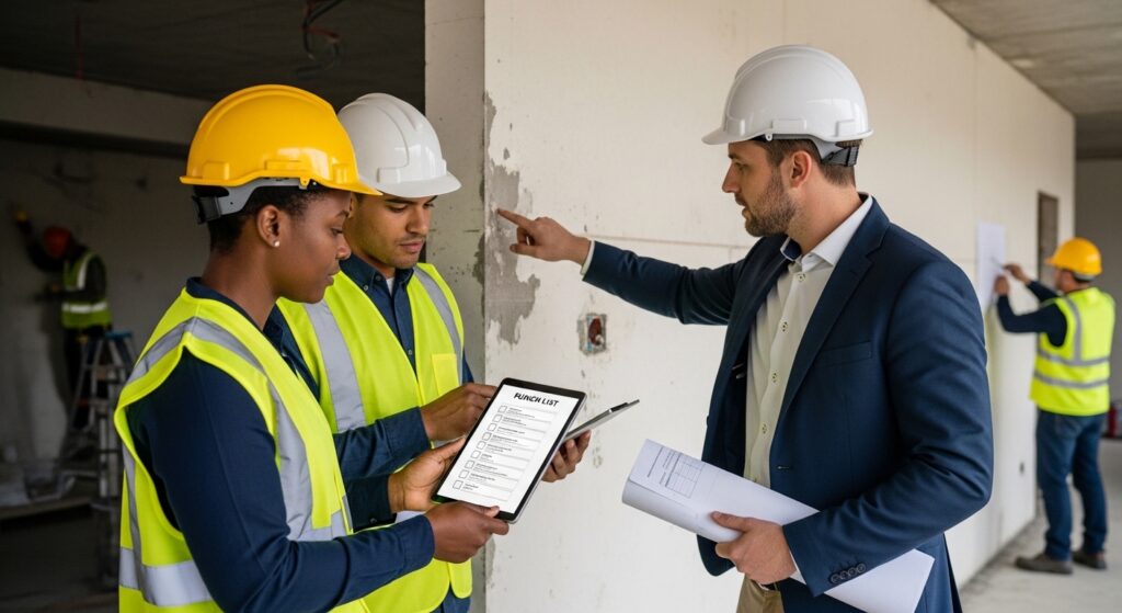 Construction team reviewing a construction punch list on a tablet during site inspection to identify defects before project closeout