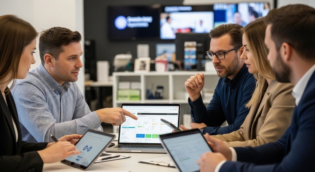 successful franchise team reviewing performance dashboards and operational data in a modern office environment