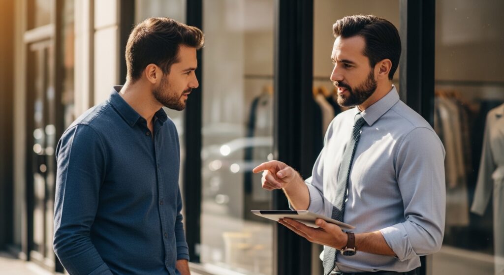 Sales representative using open-ended questions for sales while presenting a solution to a business owner with a tablet