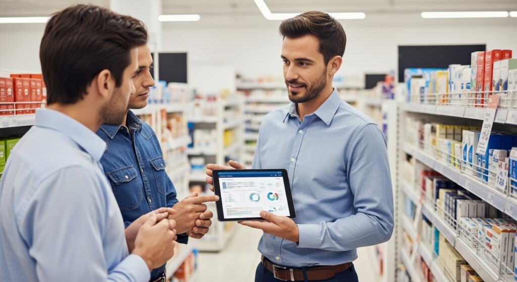 Saha satış teknikleri uygulayan satış temsilcisi mağaza içinde müşterilere tablet üzerinden ürün ve performans verisi gösteriyor