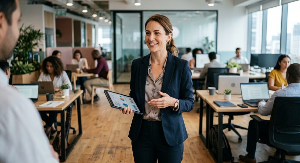 Saha satış teknikleri uygulayan profesyonel satış yöneticisi ofis ortamında tablet ile ekip yönetimi yapıyor