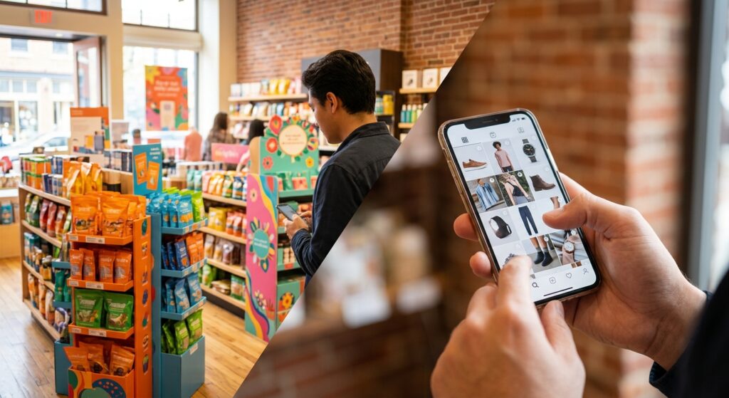 Retail marketing example showing in-store product displays and mobile shopping experience.
