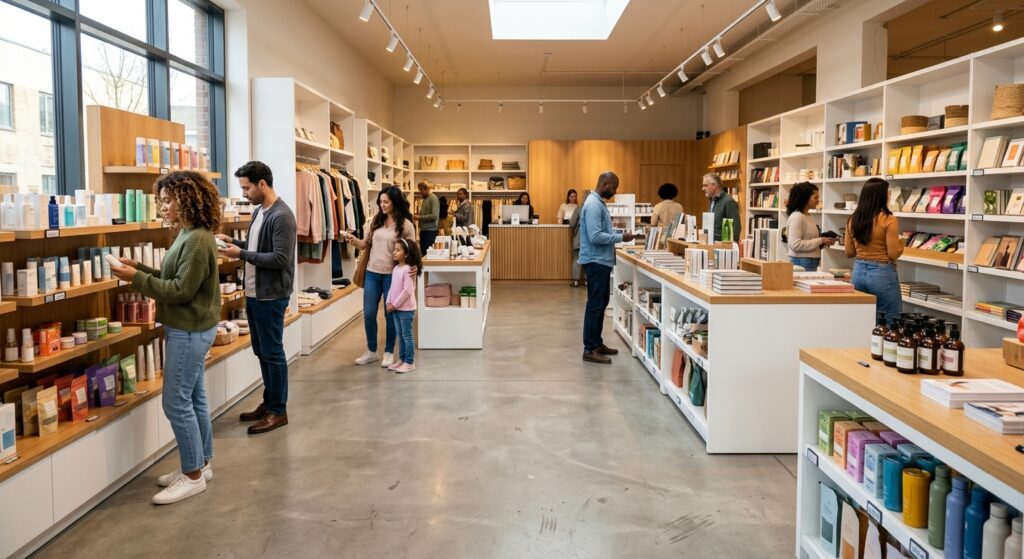 Customers browsing products in a modern store showcasing a retail marketing driven in-store experience