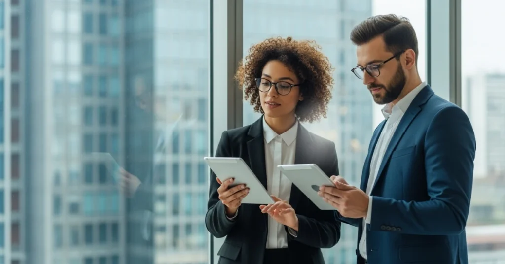 Stratejik satış yaklaşımını temsil eden, tablet üzerinden veri analiz eden iki profesyonel çalışan