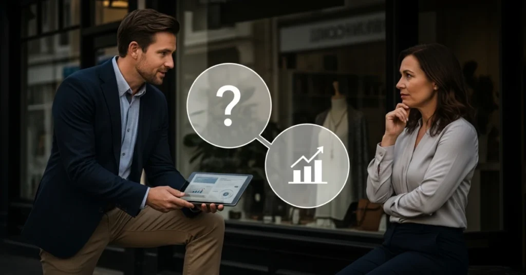Open-Ended Questions for Sales discussion between a confident sales representative presenting data on a tablet and a business owner evaluating insights, with question and growth icons
