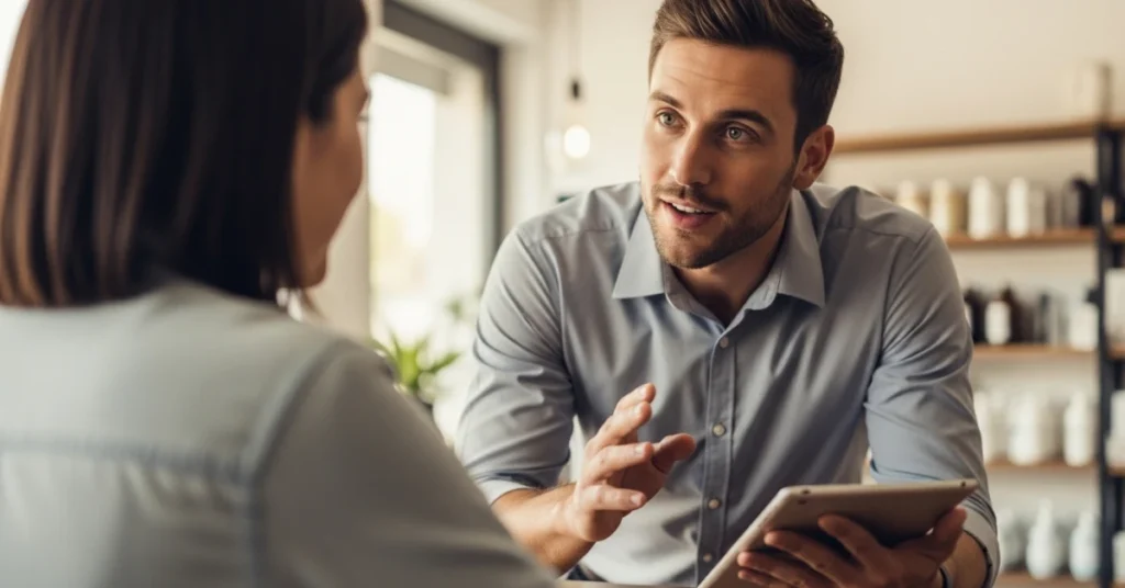 Saha satış teknikleri kullanan satış temsilcisi müşteriyle birebir görüşmede tablet üzerinden çözüm anlatıyor