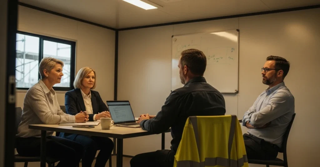 Four construction professionals holding an OAC meeting in a site office conference room, with a laptop open on the table, a whiteboard in the background, and a hi-vis vest on one chair, representing the owner, architect, and contractor alignment session.
