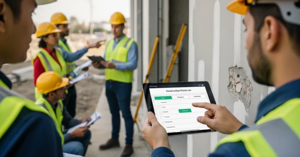 Construction team using a digital construction punch list on a tablet during site inspection to track defects and finalize project closeout