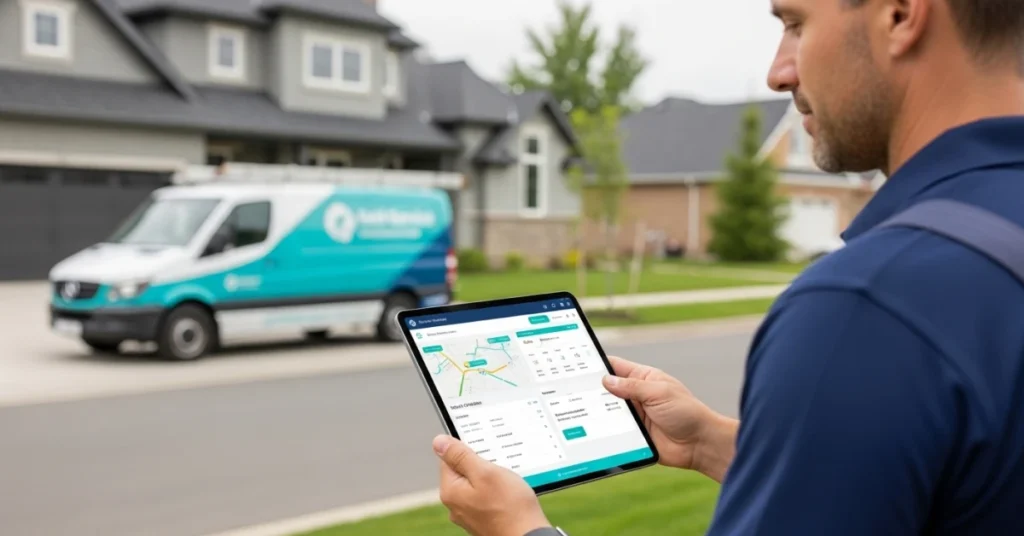Handyman technician using a tablet with handyman software to manage job scheduling and route optimization in a residential area